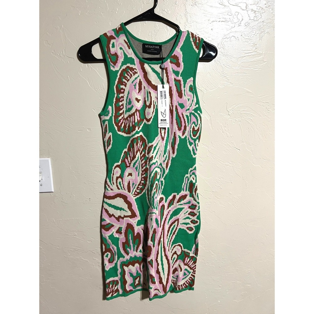 MINKPINK Paisley Knit Mini Dress Green Pink Brown Sleeveless‎ Women Statement